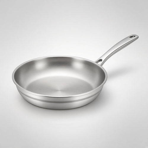 Feld Kitchen 28 cm tri-ply stainless steel frying pan on a light grey background