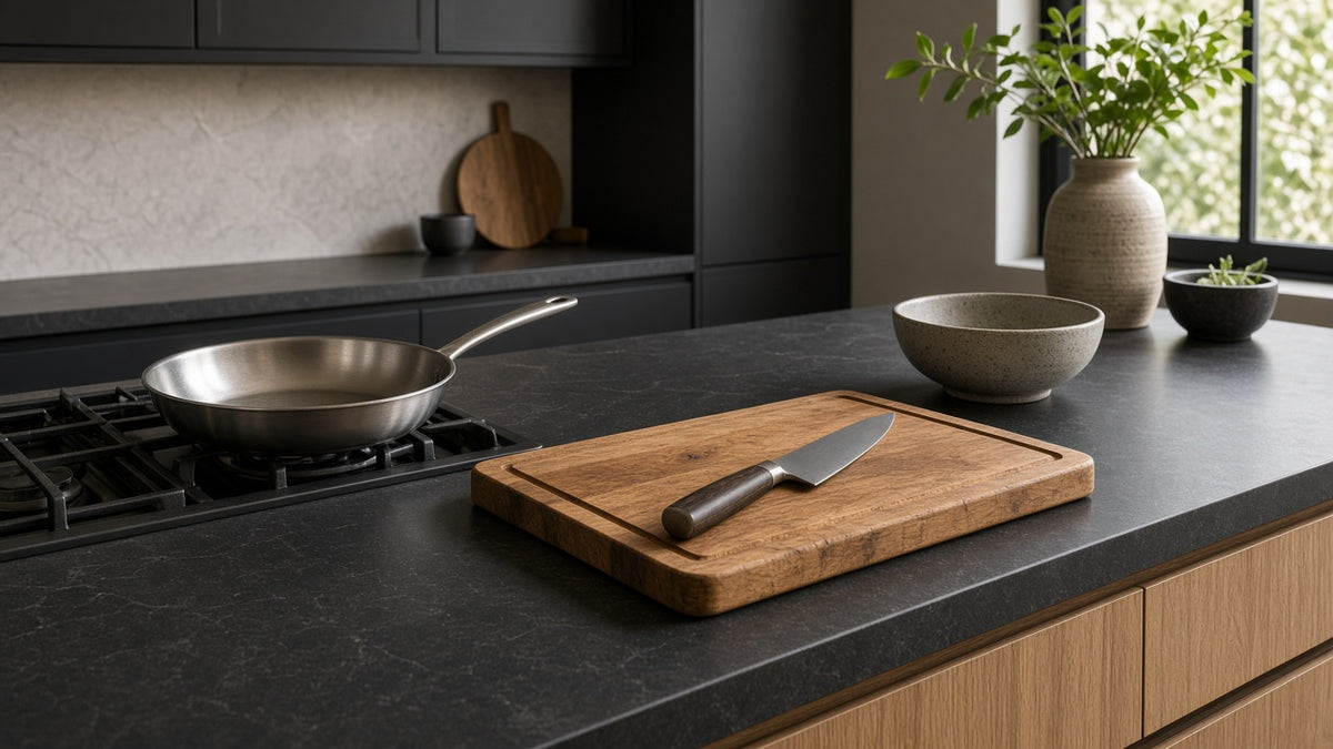 Kitchen counter with a stainless frying pan, walnut board, and chef's knife